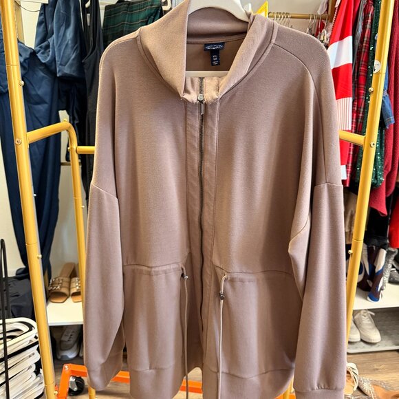 Scoop Tops - Karen Scott Taupe Zip-Front Hoodie Sweatshirt